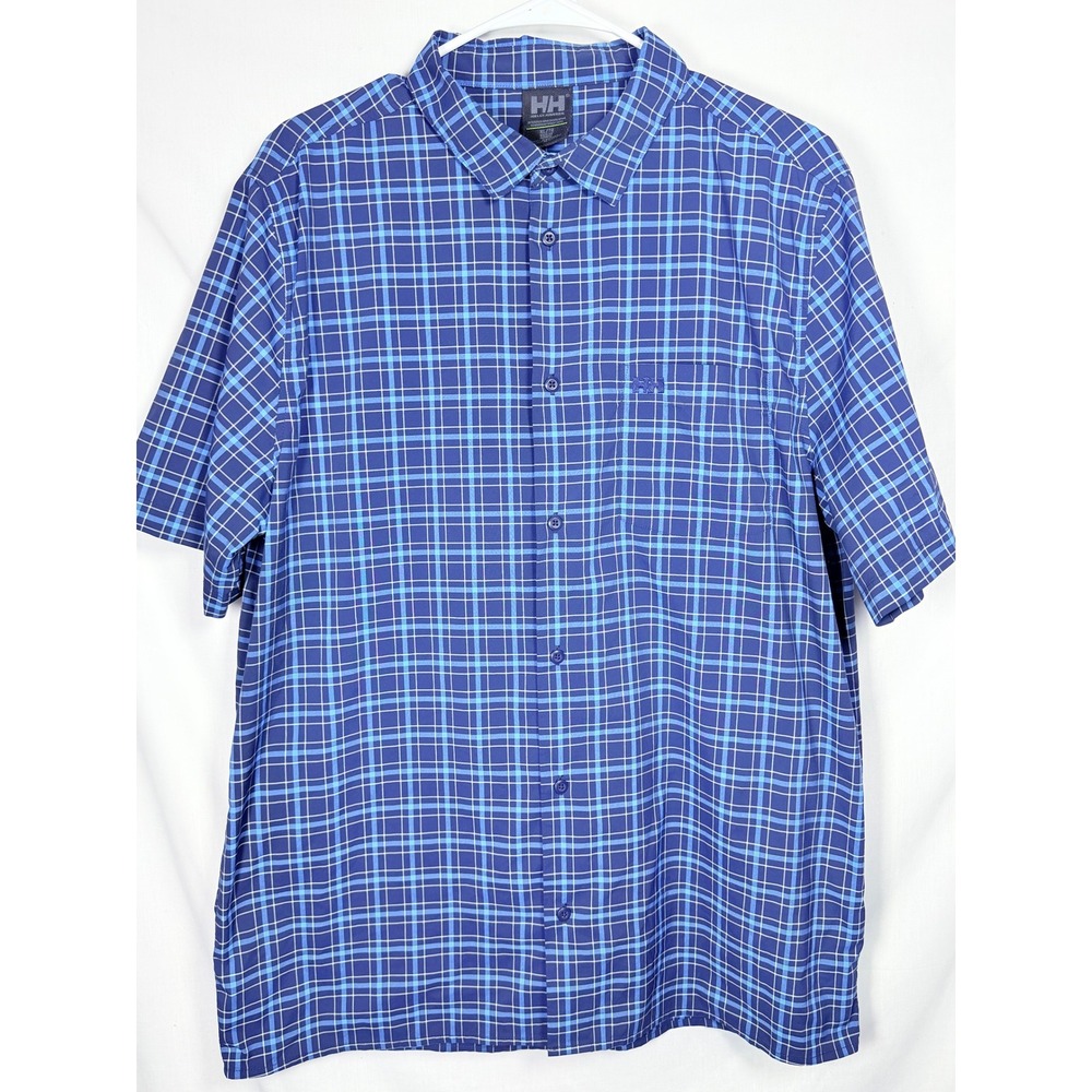 Helly Hansen Mens Fjord Quick Dry Short Sleeve Shirt XL Blue Plaid Button Up